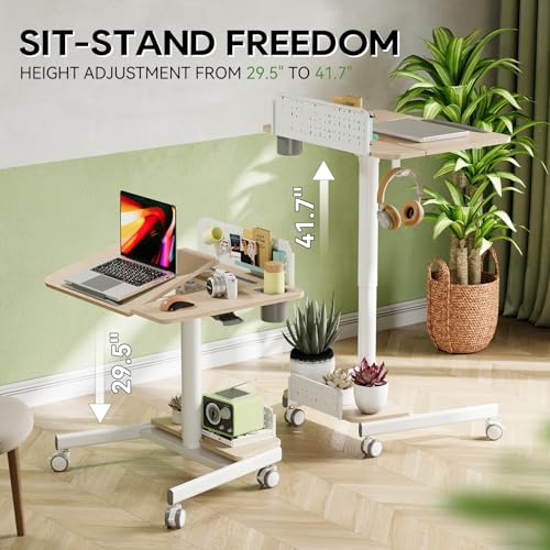 Image of JOY worker Mobile Standing Desk with 60 Tiltable Desktop, 28 inch Height Adjustable Rolling Desk, DIY Pegboard & Storage Base, Portable Laptop Desk with 4 Lockable Wheels for Home Office, Oak