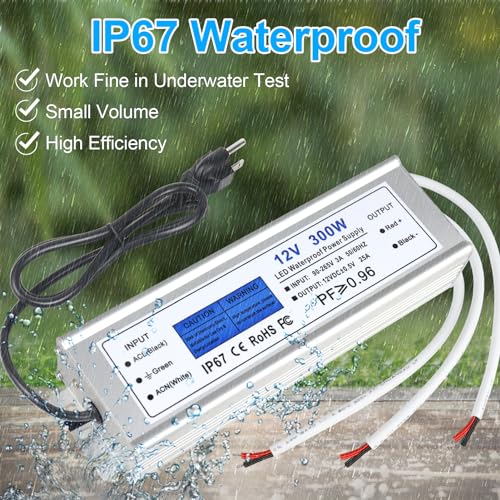 Image of LED Driver 300 Watts, IP67 Waterproof 12V Power Supply, AC 90-140V to DC 12V 25A Low Voltage Transformer with 3-Prong Plug 3.28ft Cable for LED Lights, Computer Project, Outdoor Use