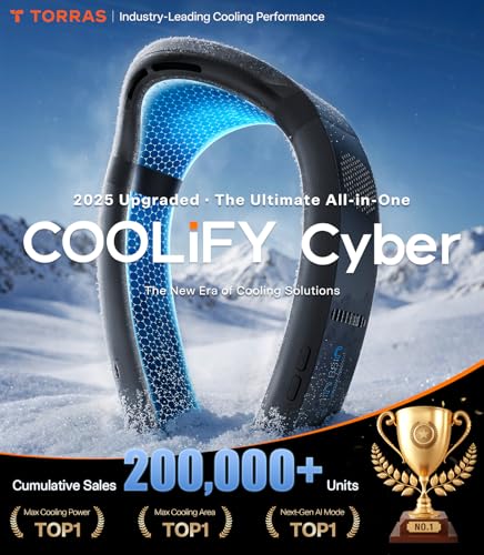 TORRAS 2025 Top Al Neck Fan Air Conditioner Coolify Cyber, Portable Neck Fans that Blow Cold Air【No.1 Coolest & Max Cooling Area】 Personal Smart AC Rechargeable for Outdoor/Indoor. Gifts for Dad/Mom
