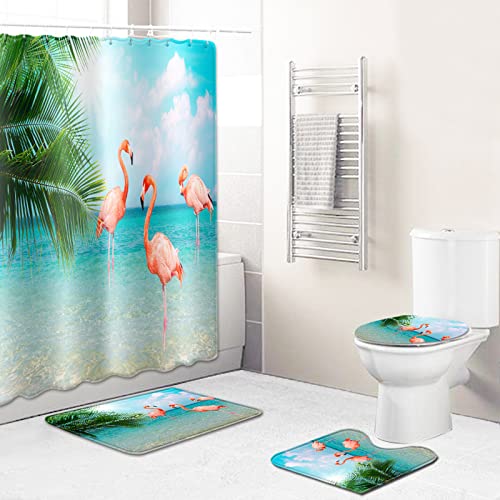 Duschvorhang Flamingo Grün Pink Badezimmerteppich 4-Teiliges Set, Duschvorhang 180x180 Polyester+Badematte rutschfeste…