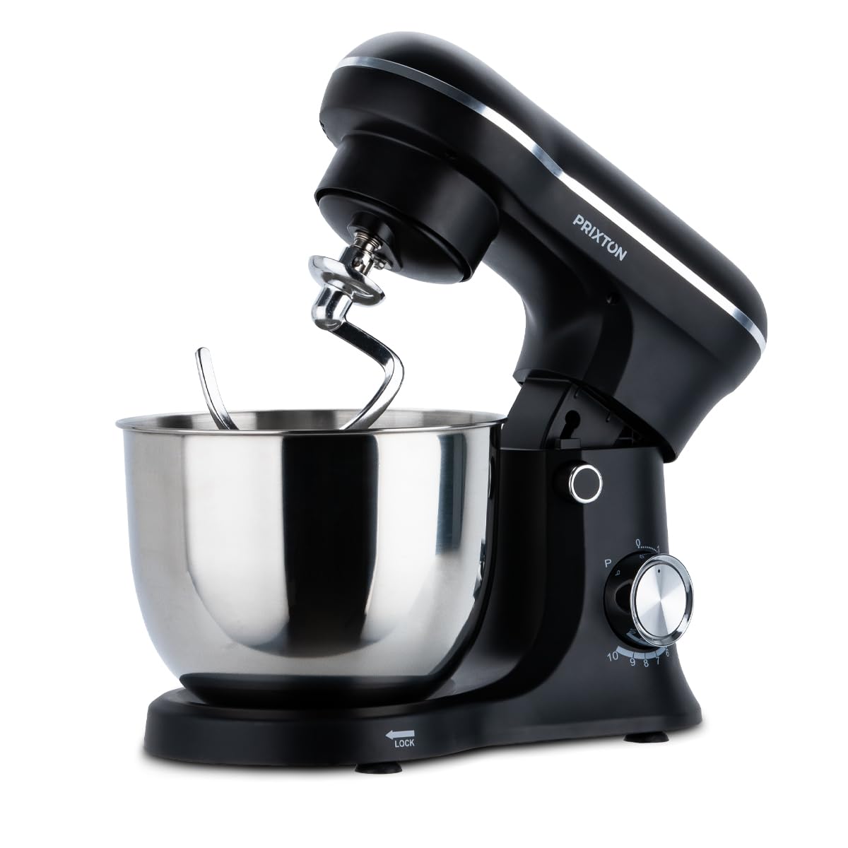 PRIXTON Batidora Amasadora KR250 para Repostería, Potencia 1500W, 10 Velocidades, Bol Acero Inoxidable de 5 litros, 3 accesorios, Tapa Transparente, Color Negro Mate