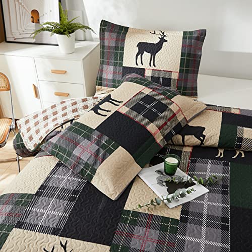 Lodge Quilt Set Full/Queen Size, Rustic Cabin Bedding Set Black Deer Bedspreads Coverlet Reversible Animal Printed Bedcover Wildlife Patchwork Dark Green Beige Plaid Bed Cover Country Decor(90"X 90") #TOP4