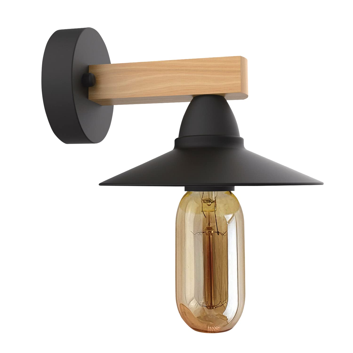 Vintage Retro LED Wall Light Sconce with Wood Arm, Interior Downlight Wall Mounting FixtureSmall Metal 15cm Lamp Shade with E27 Lamp Holder, Indoor Decorative Bedroom, Corridor, Bedside, Barn