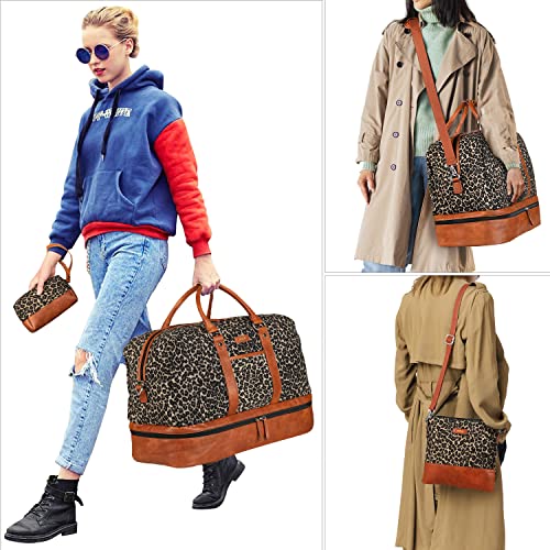 Image of Weekender Bag for Women, Large Overnight Bag Canvas Travel Duffel Bag Carry On Tote with Shoe Compartment 21 inch 3Pcs Set, A02-brown+brown leopard, Large, Practical