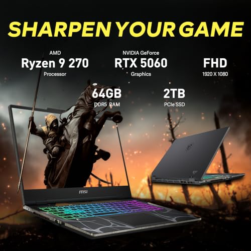 Image of msi Cyborg A15 AI 15.6 inch FHD 144Hz Gaming Laptop, AMD Ryzen 9 270, NVIDIA GeForce RTX 5060, 64GB DDR5, 3TB Storage(2TB SSD+1TB Docking Station Set), 4-Zone RGB Keyboard, Wi-Fi 6E, Win 11, Black