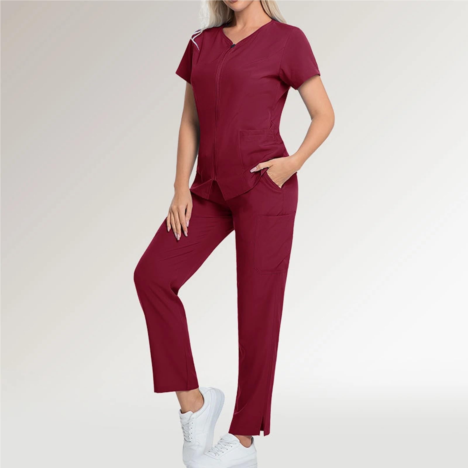 Kasacks Damen Pflege Damen-Krankenschwester-Bekleidungsset, einfarbig, kurze Ärmel, lange Hosen, mehrere Taschen, medizinische Uniform, Arbeitskleidung for das Gesundheitswesen