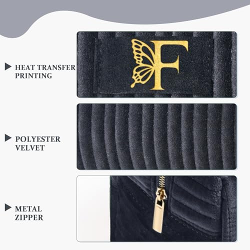 Image of COSHAYSOO Travel Makeup Bag Quilted Make Up Pouch Initial Velvet Cosmetic Case with Butterfly Decor for Women 13 14 15 16 17 18 19 Year Old Teen Girl Makeup Kit Bulk Gifts Trendy Stuff Black Letter F