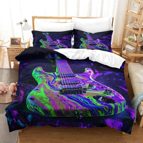 Housse de couette guitare néon 3D microfibre parure de lit single pour garçon - 3