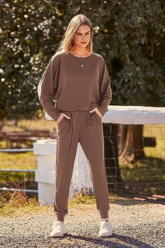 PRETTYGARDEN Women's Fall 2 Piece Lounge Set Long Sleeve Tops Ribbed Pants Spring Matching Sweatsuit Travel Outfits Clothes
