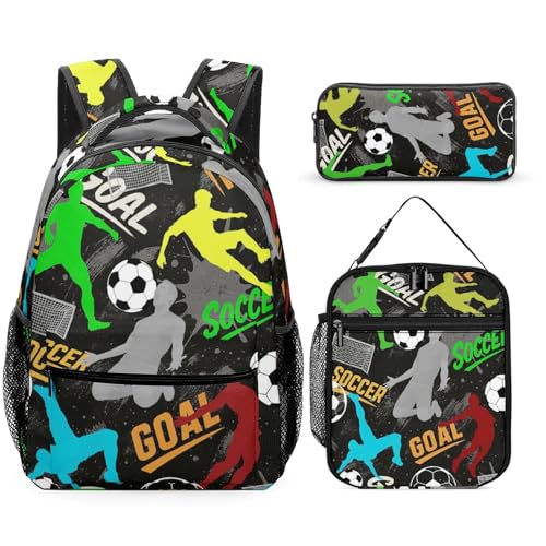 DOYULIK Conjunto de 3 mochilas com vários bolsos e lancheira, estojo para lápis, bolsa, Futebol-2, Medium, Todos