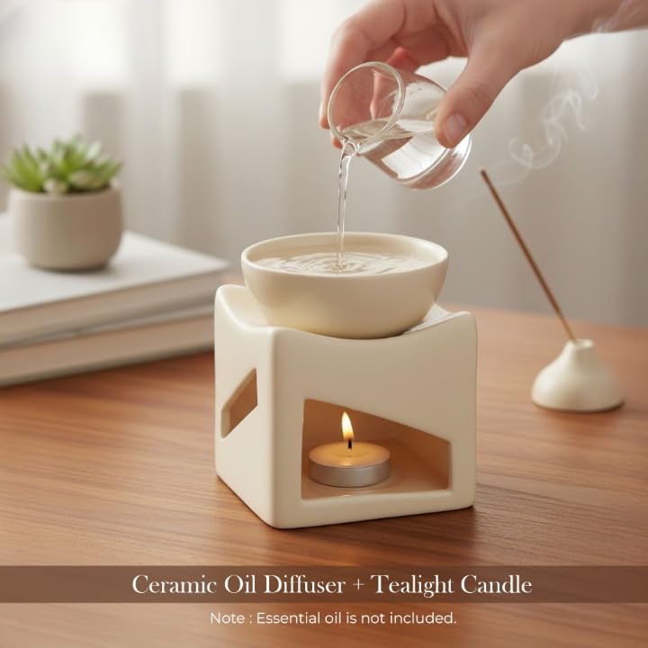 Dolloz Ceramic Oil Burner Diffuser for Home & Office | Aroma Oil Burner with Tealight Candle | Ceramic Fragrance Diffuser for Aromatherapy, Relaxation & Home Decor (100ml) (Cream) 3