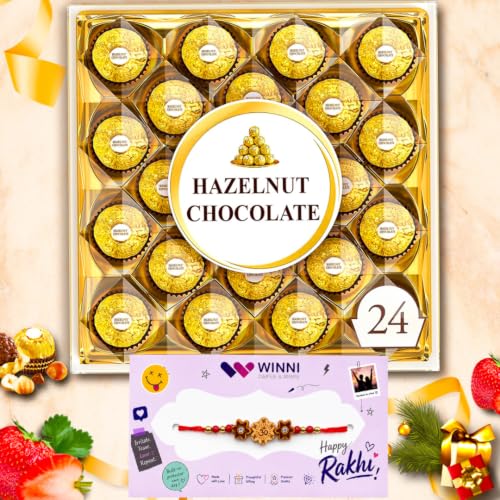 Image of WINNI - Deluxe 24 Pcs Hazelnut Chocolates + Rakhi Pack | Rakhi Gift For Brother & Sister | Belgian Dark Chocolate | Handmade Chocolate Gift Hamper | Raksha Bandhan Gift Hamper | Rakhi Gift For Kids, Girls, Boys, Brother, Sister, Bhaiya, Bhabhi | Rakhi Gift Set | Chocolate Gift Bouquet | Return Gift Box