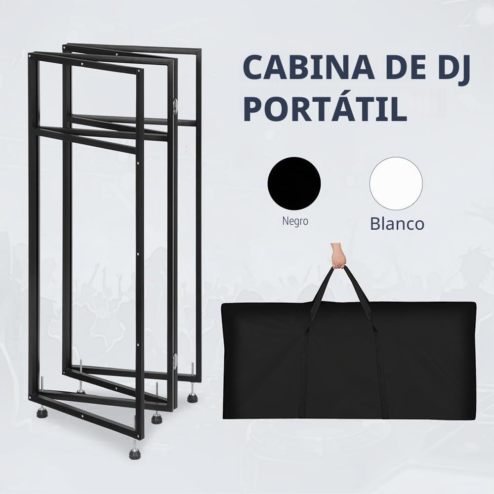 SMONTER Mesa portátil de DJ con barra de luces y control remoto - Cabina de DJ con pasacables, dobles esquinas superiores, marco de metal, pantallas negras y blancas, 5 pies ajustables y bolsa de