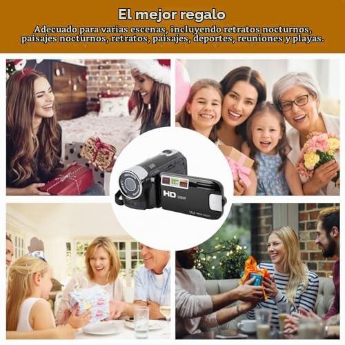 Cámara de Video para Vlogging, Videocámara Full HD 1080P, Zoom Digital 16X 16MP, Pantalla Giratoria TFT de 2.7in, con Luz de Relleno y Puerto USB, Captura Momentos Maravillosos (Negro)