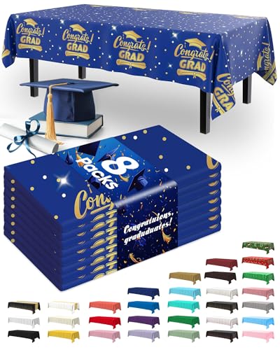Image of Pureegg Graduation Decorations 2026 Plastic Tablecloth Disposable 8 Pack, Class of 2026 Rectangle Table Cover 54 x 108 Inch, Sturdy Leakproof Plastic Table Cloth for Graduation Party, Picnic, Blue