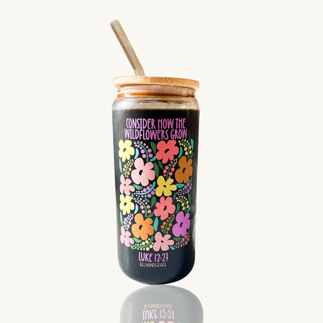 Elly and Grace Christian Tumbler for Women, 20 oz. Bible Verse Tumbler, Christian Cups, Faith Mug, includes lid and straw (Consider the Wildflowers -