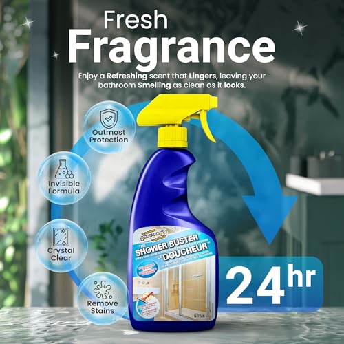 Shower Glass Door Cleaner – Shower Buster Spray for Soap Scum & Hard Water Stains – No Scrub Bathroom Cleaner for Glass, Tile, Chrome, Ceramic, RV and Septic Safe (500ml / 16.9oz)