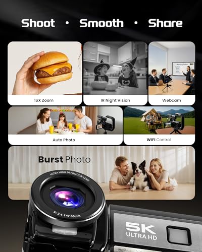 Image of 5K Video Camera Camcorder, UHD 64MP Vlogging Camera for YouTube with 3 inch 270 Rotatable Touch Screen, Digital Camera with IR Night Vision, 16X Zoom /WiFi /Webcam /HD /32GB Card /2 Batteries /Microphone