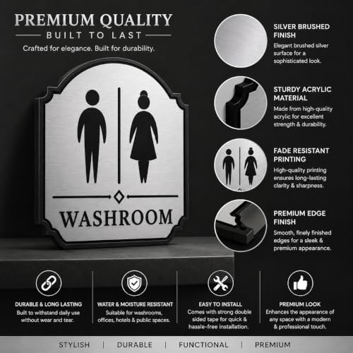 Image of Premium Unisex Washroom Door Sign | Brushed Silver & Black Acrylic Self-Adhesive Restroom Signage | Elegant Bathroom Door Sign for Hotel, Office, Restaurant, Cafe, Hospital, Mall & Commercial Spaces
