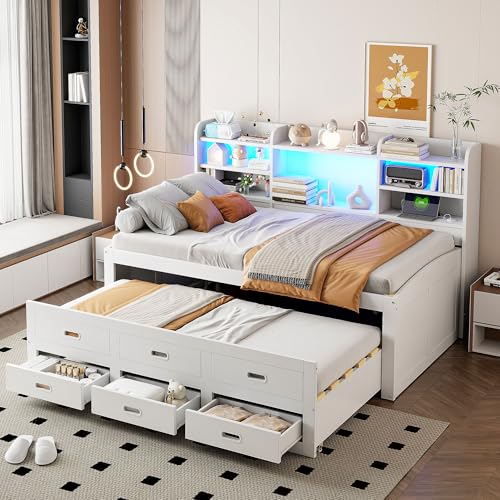 YuQozii Sofá cama, luz ambiental con mando a distancia, 3 cajones, mesita de noche, cama nido multifuncional con USB + conectores tipo C, colchón no incluido, blanco (90 x 200 cm)