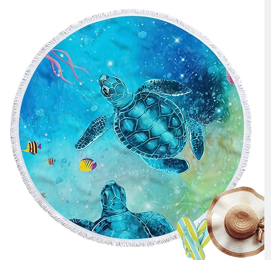 LXTOPN Round Beach Towel, Microfibre Beach Towel XXL, Sea Turtle Bath Towel Large 150 cm for Beach Blanket, Yoga Mat, Towels with Tassels (Blue Turtle 4)
