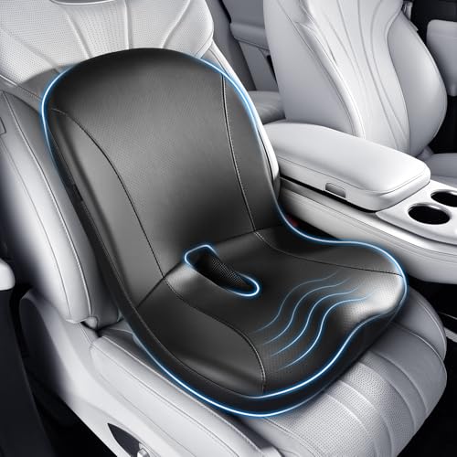 Image of Coverado Car Seat Cushion and Lumbar Support Pillow One Piece, Napa Leather Memory Foam Ergonomic Back Support Driving Seat Cushion for Back Pain, Non-Slip Washable Cushion for Car, Driver, Office
