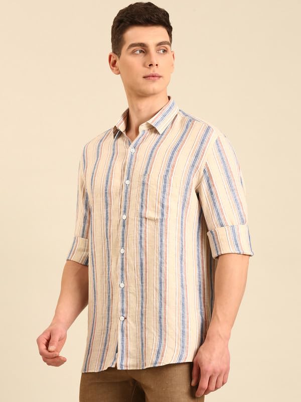 Image of Linen Club Men's Pure Linen Striped Contemporary Fit Full Sleeve Casual Shirt