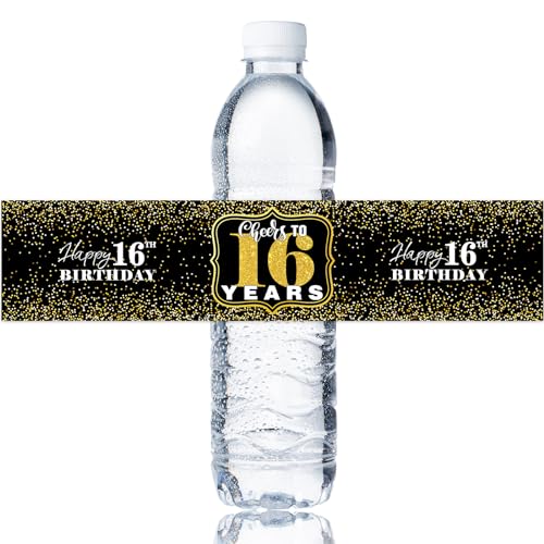 Maicaiffe Happy 16th Birthday Water Bottle Stickers, 16 Years Old Birthday Water Bottle Label, Sweet 16 Birthday Party Decorations, Cheers to 16 Years Party Stickers Supplies 32 Stickers Gold