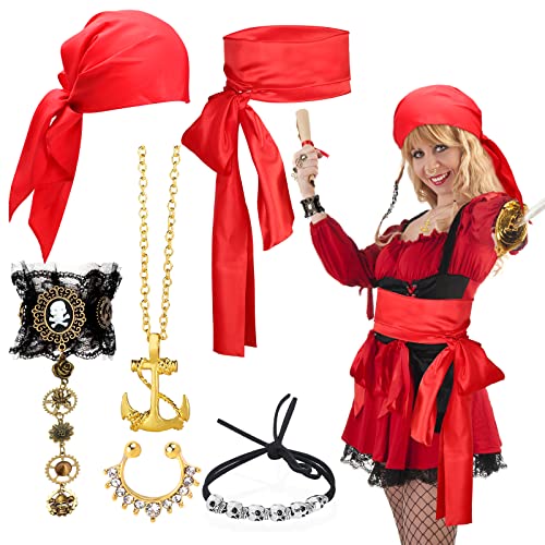 Keymall Pirate Costume Accessories - 6 Piece Set With Head Scarf, Sash, Bracelet, Necklace, Fake Nose Rings, Hair Beads (Red)