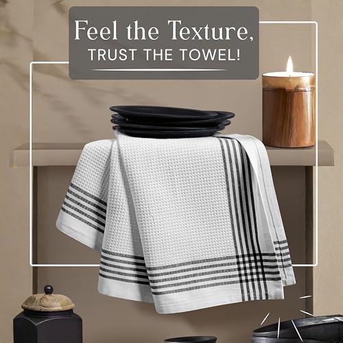 Image of Waffle White & Multi Colors Kitchen Towels Set of 4, 100% Cotton, 16x26 inches, Quick Dry Dishcloths, Ideal Dish Towel for Drying, Wiping - Mustard Yellow, Sky Blue, Brown, Black