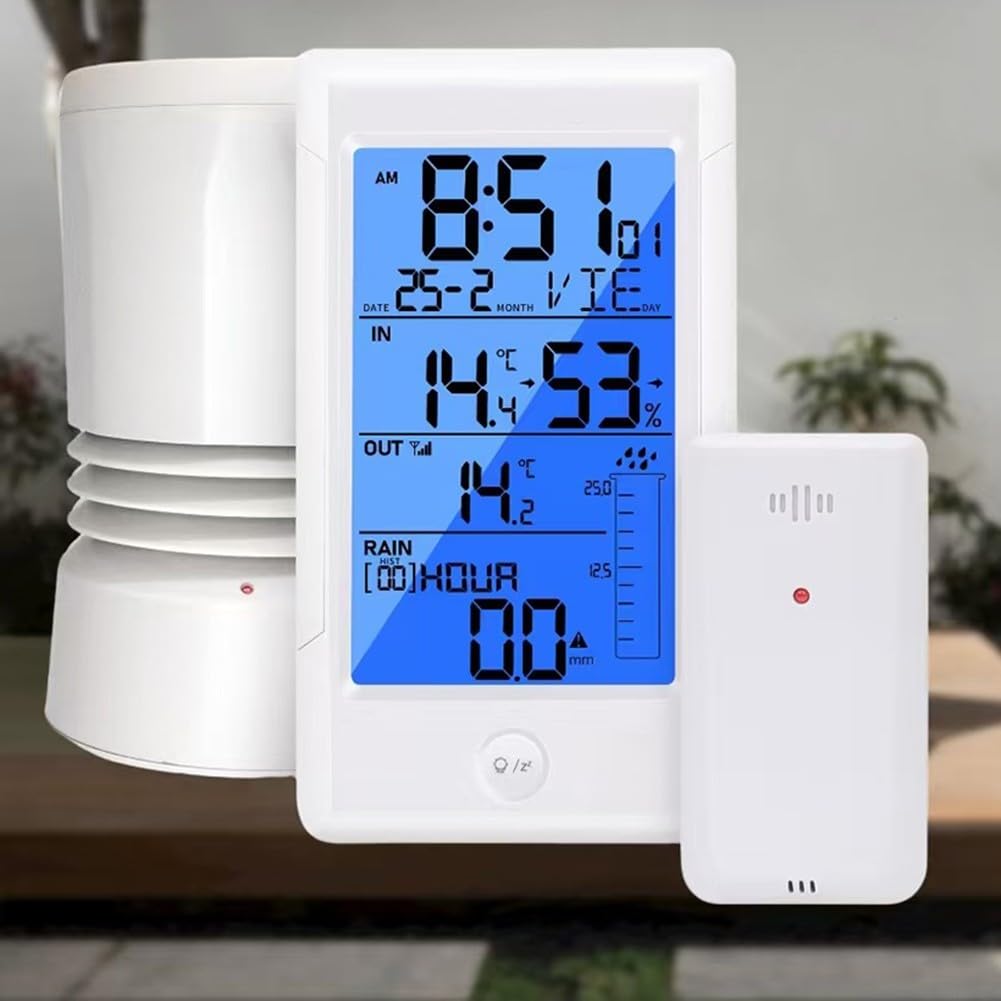 Funk Regenmesser digital mit Kalender&Alarmfunktion, LED Hintergrundbeleuchtung, Innen- und Außentemperatur, Luftfeuchtigkeit 10% bis 99%, Niederschlagsaufzeichnung für 9 Tage, Sensor enthalten