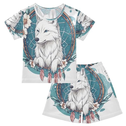 senya Short Sleeve Pajamas Sets Summer Cotton Sleepwear Pink Feather Dreamcatcher Wolf