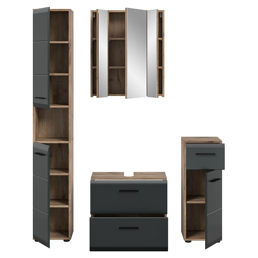 Lomadox Badezimmer Badmöbel-Set 4-teilig in Eiche mit schwarz matt, mit 1 Hochschrank, 1 Unterschrank, 1 Spiegelschrank mit 3D-Funktion & 1 Waschbeckenschrank