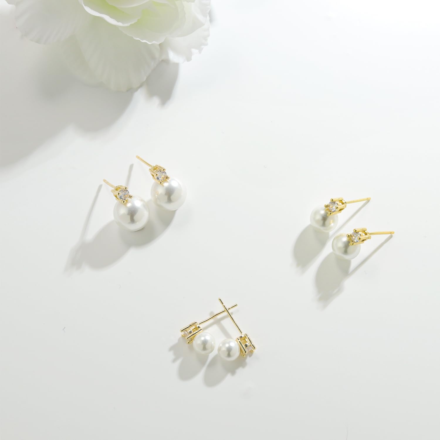 Pearl Earrings,6mm/8mm/10mm Gold/Silver Pearl Stud Earrings for Women Dainty 14K Gold CZ Diamond Earring Trendy Hypoallergenic Wedding Earring for Women Bridesmaid Gift - Image 8