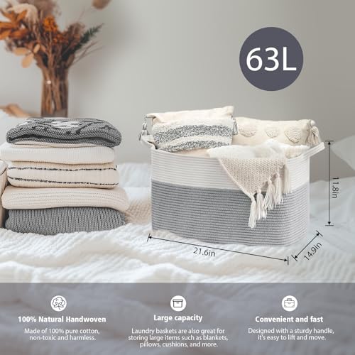 Large Foldable Woven Laundry Basket Storage with Handle for Baby Clothes Toy Blanket Bedding Towel 55 * 38 * 30cm,Suitable for Living Room Bedroom Bathroom (Grey & White) - Image 2