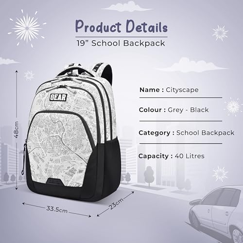 Image of Gear Cityscape 19 inch /40L Large Water Resistant School Bag | Casual Backpack | Daypack | Travel Backpack | Kids Bag for Boys /Girls (Grey - Black)