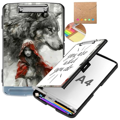 Clipboard with Storage,Heavy Duty Plastic Nursing Clipboard Foldable,High Capacity Storage Clipboard Folder Case for Coaches Nurse Teacher Office School Supplies-Little Red Riding Hood and Wolf