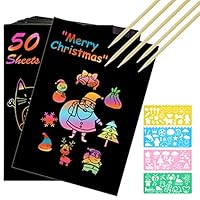 Vicloon Rainbow Scratch Art, 50Pcs Black Magic Scratch Art Notes Painting Boards Arts and Crafts for Kids with 4 Stencils 5 Wooden Stylus Birthday Gifts DIY Party Gift(13 * 19CM)