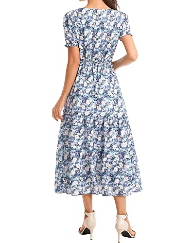 Image of Shineflow Women's Summer Casual Crewneck Floral Print Puff Short Sleeve High Waist Midi Flowy Tiered Dresses