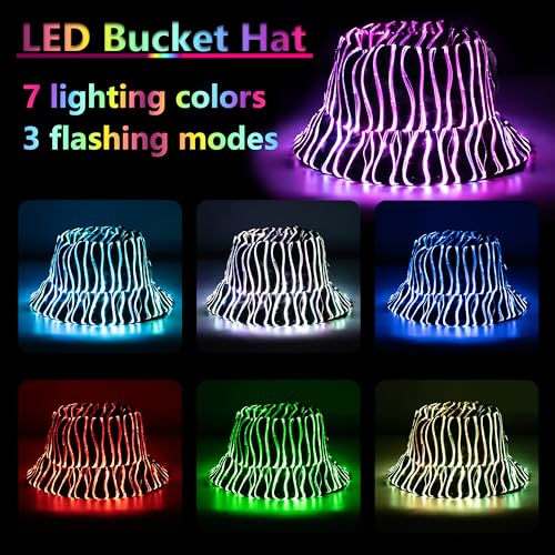 Image of Led Bucket Hat, Rave Led Hat 7 Colors, Neon Flashing Festival Gear, Light up Hat Rave Accessory, Funny Bucket Hat (US, Alpha, Large, Black)