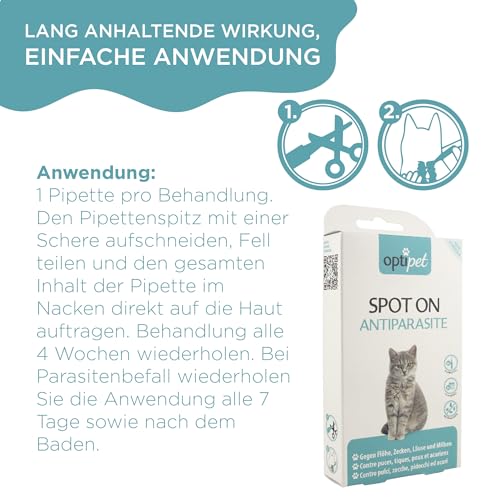 OptiPet Spot On Pipetten für Katzen 6x1ml - Hochwirksame Tropfen gegen Milben, Flöhe, Zecken & Läuse - Parasiten Abwehr Schutz bis zu 24 Wochen - Flohschutz, Zeckenschutz, Zeckenmittel für Katzen