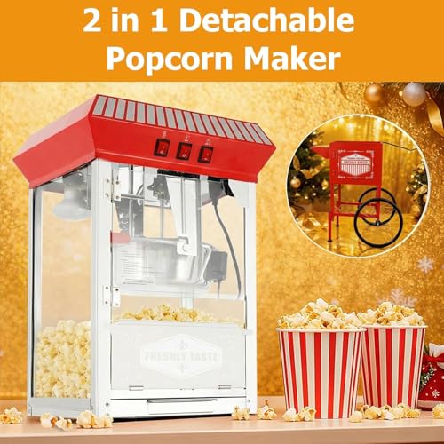 Image of Commercial Popcorn Machine with Cart & Wheels - 12 Oz Stainless Steel Kettle Makes 48 Cups, Portable Retro Cart for School, Church, Party, Carnival, Movie Theater, Concession & Home Use (Red)
