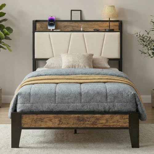 Image of LIKIMIO Twin Bed Frames with Storage Headboard & Charging Station | Upholstered Headboard, Storage Shelf, Solid and Stable, Noise Free, No Box Spring Needed, Easy Assembly (Walnut and Beige)