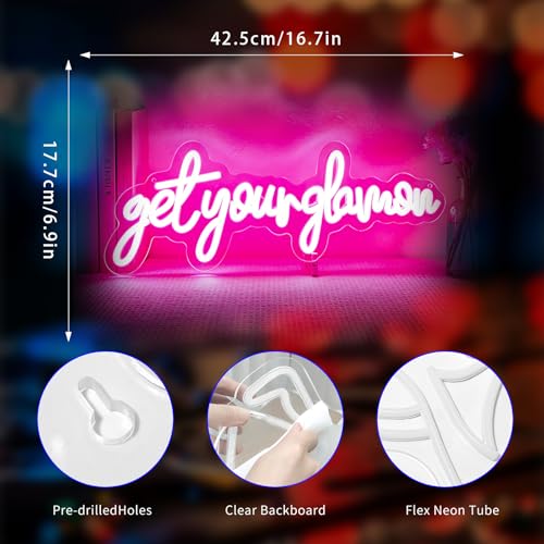 Image of Get Your Glam On Neon Sign, Neon Signs for Wall Decor Neon Pink LED Signs Room Neon Light Up Signs Home Decor for Bedroom Club Party Bar Shop USB Operated