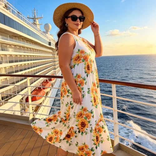 Image of Moon Wood Women's Plus Size Sleeveless Summer Dress Crewneck Tank Casual Flowy Maxi Dress with Pockets Vacation Outfits