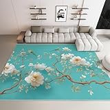 Turquoise Tapis Salon Floral style chinois oiseaux Modèle 160 x 230 cm Lavable en Machine Super Doux et Antidérapant Tapis Décoratif Salon Doux Poil Court pour Chambre Adulte, Salle à Manger