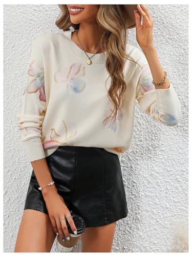 Image of BEAUDRM Women's Floral Pattern Sweaters Long Sleeve Round Neck Knitted Pullover Tops Beige Large
