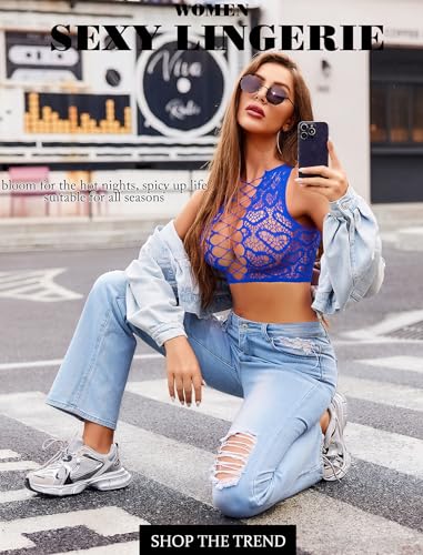 Image of Avidlove Womens Fishnet Lingerie Set Sexy Two Piece Lingeries Hollow Out Stripper Outfit Heart Print Mesh Crop Tops