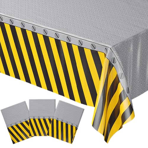 Image of Blue Orchards Construction Table Covers (Pack of 3) - 54 inchx108 inch XL Construction Birthday Party Supplies, Caution Theme Rectangle Disposable Plastic Tablecloths for Event Party Decoration