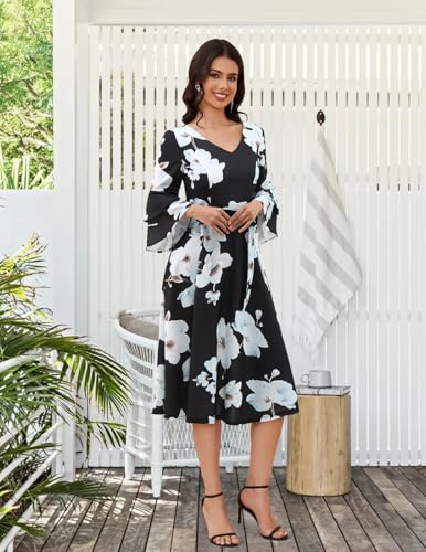 Image of DRESSTELLS Women's Cocktail Dress Summer Wedding Guest Party Vintage 3 /4 Bell Sleeve V Neck A-Line Dress